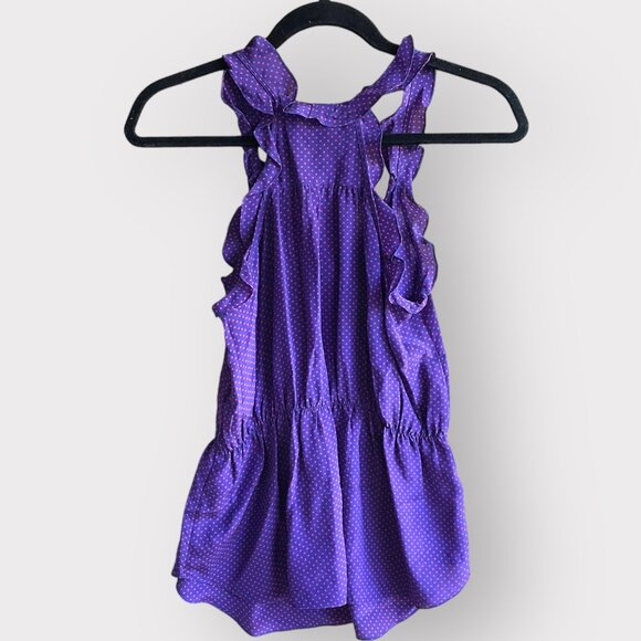 Rebecca Taylor Size 4 Purple Pink 100% Silk Sleeveless Ruffle Polka Dot Shirt - Picture 7 of 8